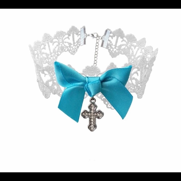 Victorian Lace Blue Bow Rhinestone Cross Choker - Picture 2 of 4